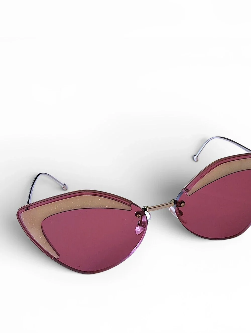 Fendi Pink Cat Eye Rimless Sunglasses Glitter Detail Gold Tone Italy